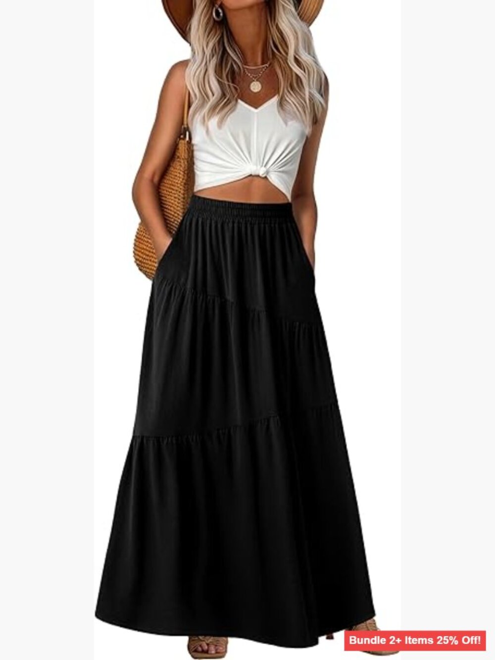Maxi Skirt with Pockets, Elastic Waist, Boho Style, Summer Casual